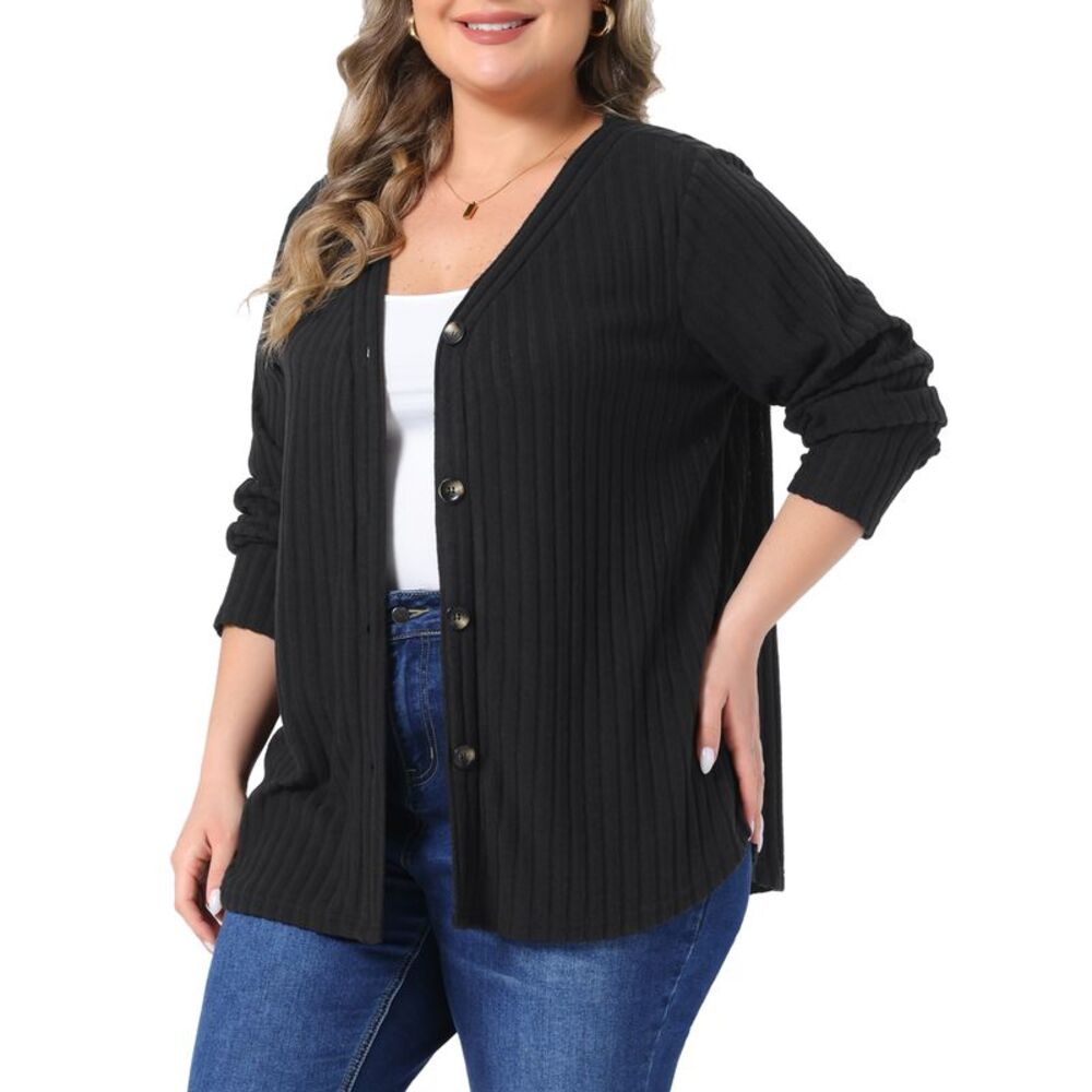 Women Plus Size V Neck Button Down Ribbed Knit Cardigan Black
